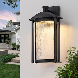 14.57 in. Matte Black Integrated LED Outdoor Wall Lantern Sconce with Crackle Glass Shade