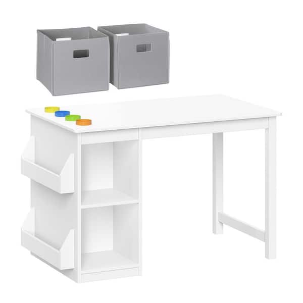White Kids Playroom Art Activity Table with 2-Cubbies, 2-Bookracks, and 2-Gray Fabric Bins