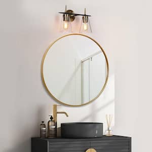Modern 2-Light Brass Gold Bathroom Vanity Light, Black Vanity Light with Cylinder Clear Glass Shades Wall Sconce Light