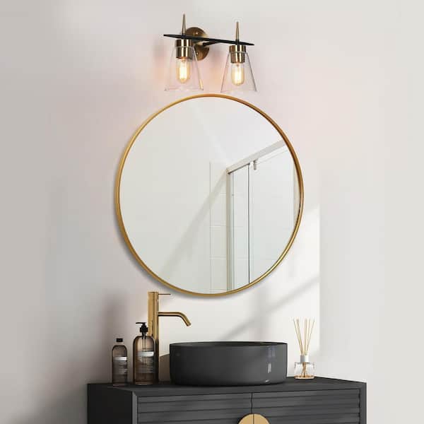 Modern 2-Light Brass Gold Bathroom Vanity Light, Black Vanity Light with Cylinder Clear Glass Shades Wall Sconce Light