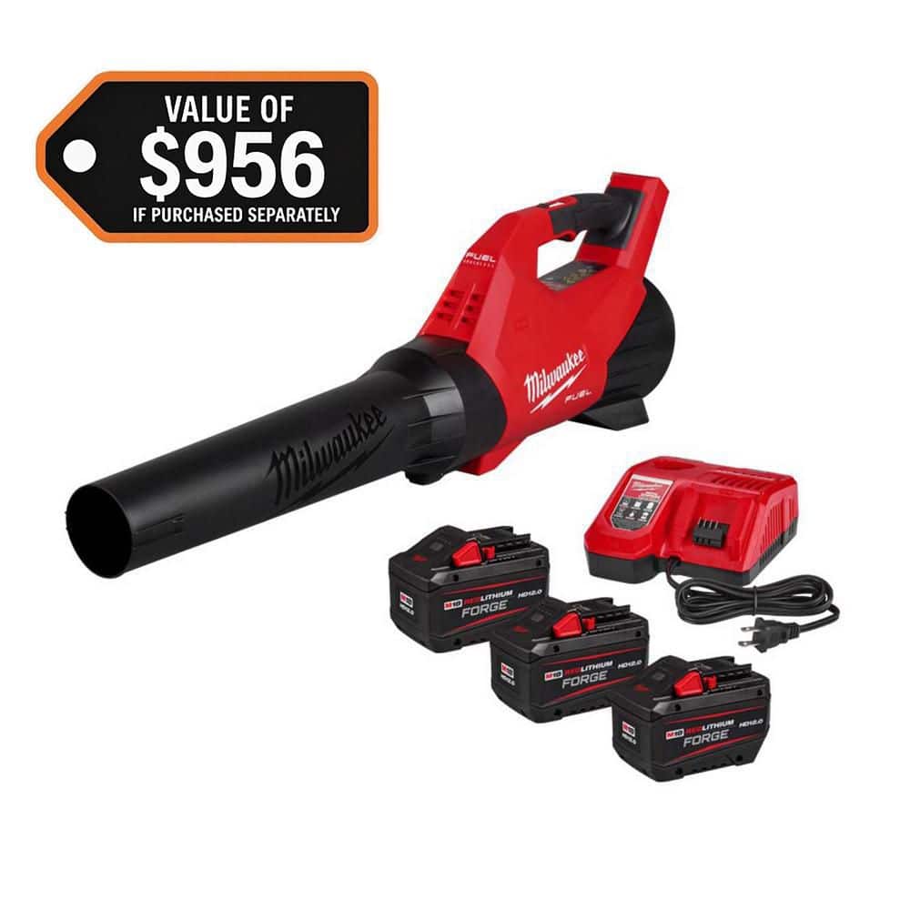 Milwaukee M18 FUEL 120 MPH 500 CFM 18V Brushless Cordless Battery Powered Leaf Blower Kit w/ (3) 12.0 Ah FORGE Batteries, Charger