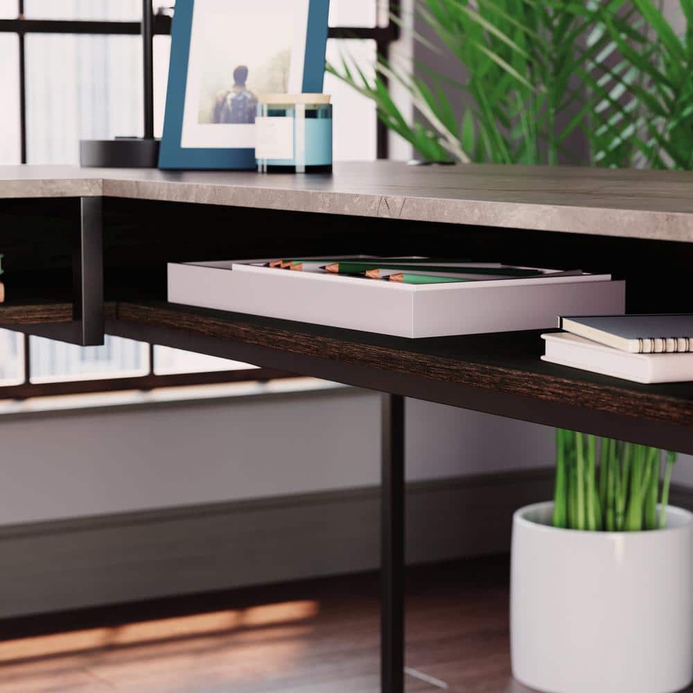 Umber Wood L-Shaped Corner Desk with Drawers and Keyboard Tray