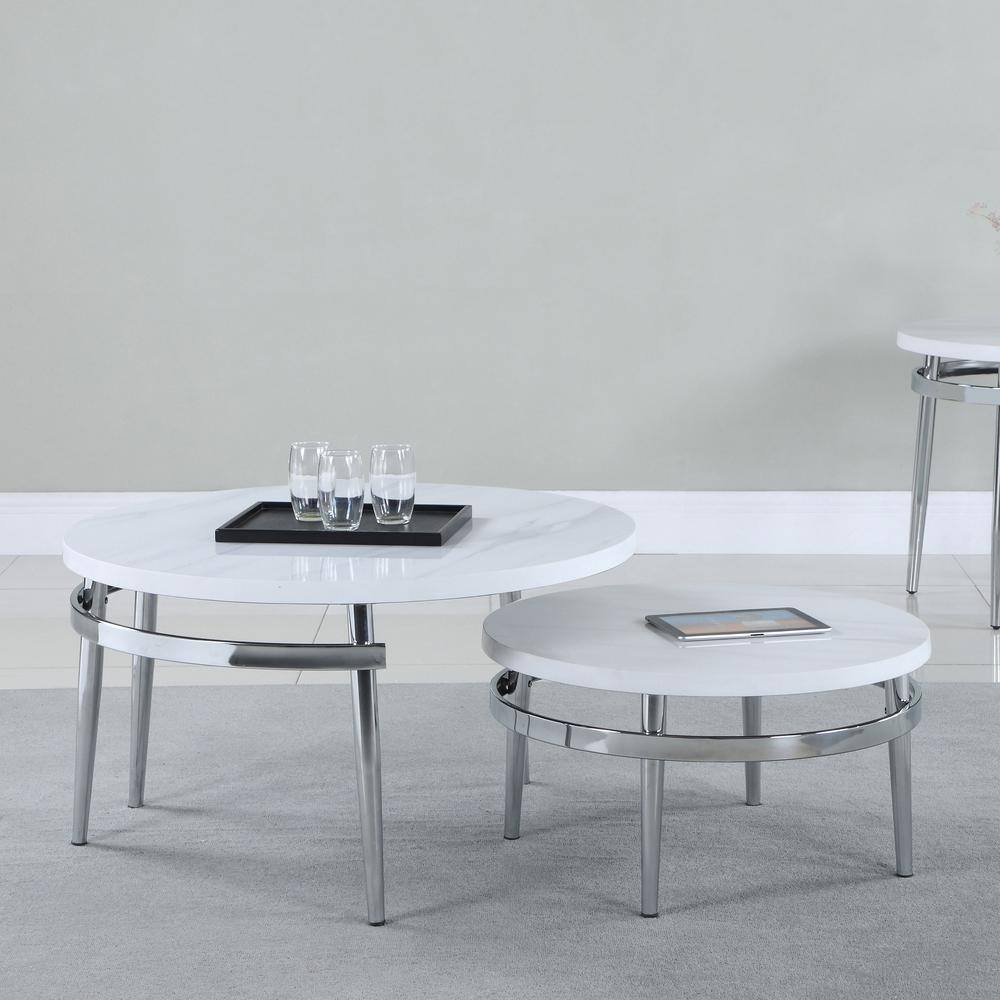 White Marble and Chrome Round Nesting Coffee Table Set