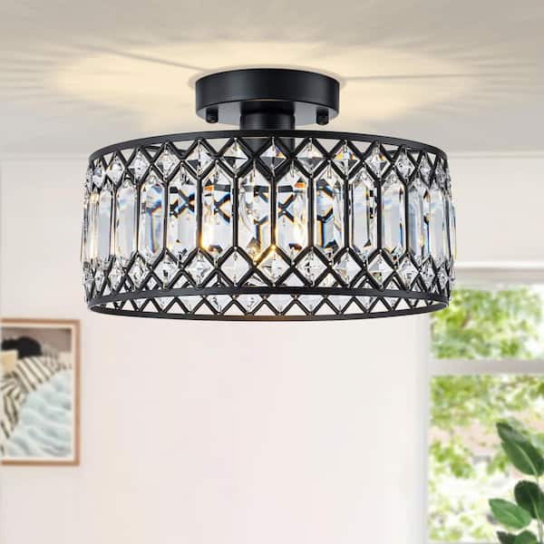 11.4 in. 1-Light Black Crystal Semi Flush Mount Ceiling Light with Glass Drum Shade for Entryway or Bedroom