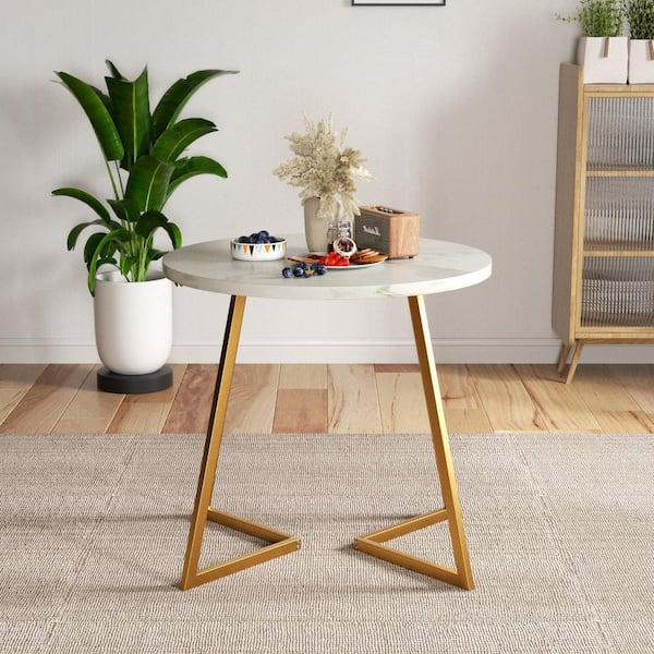 VECELO Round Dining Table with Wood Grain Top and Steel Frame, 4 Legs White Kithcen Table for Dining Room or Office, for 2 to 4
