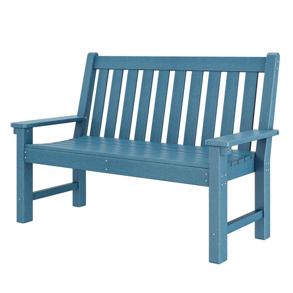 52 in. 2-Person Blue Plastic Outdoor Bench