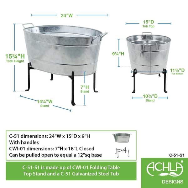 ACHLA DESIGNS 24 in. W Steel Classic Oval Galvanized Tub With Folding Stand  C-51-S1 - The Home Depot
