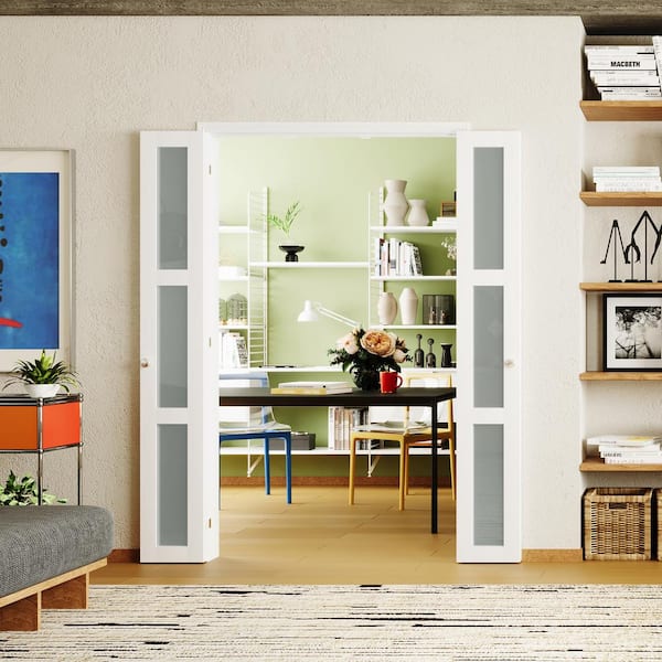 48 in. x 80 in. 3-Lite, Frosted Glass, Solid Core, MDF, PVC Covering Compack 180-Bi-Fold Door with Hardware Kits