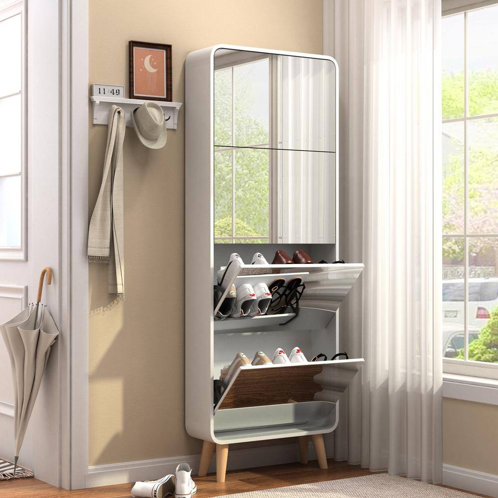 67.6 in. H x 24.8 in. W White Wood Shoe Storage Cabinet with 4 Flip Drawers