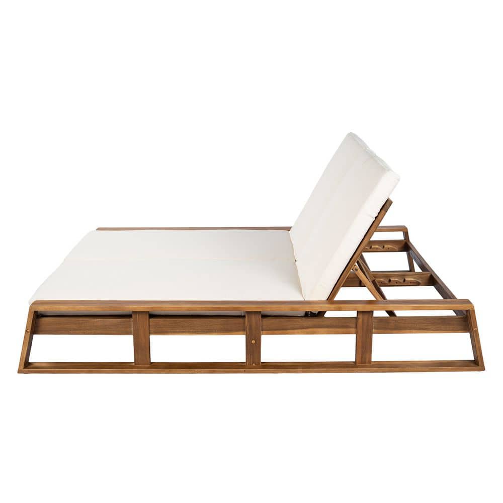 Kyla Acacia Wood Patio Outdoor Double Chaise Lounge with Adjustable Backrest, Beige Cushions, Brown, Natural (Set of 1) price history on PriceWatchPro