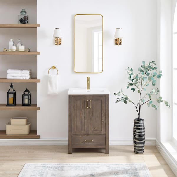 Gela 23.6 in. W x 19.7 in. D x 35 in. H Single Bath Vanity in Spruce Brown with White Drop-In Ceramic Basin and Mirror