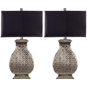 Malaga 30 in. Antique Silver Hammered Metal Table Lamp with Satin Black Shade (Set of 2)