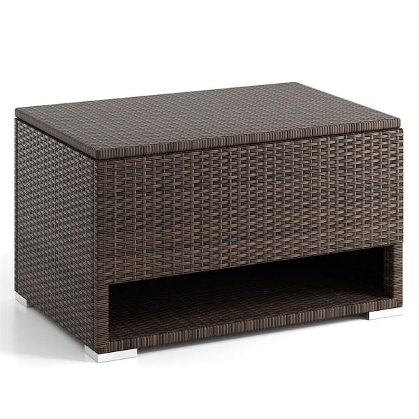 48 Gal. Mix Brown Plastic Rattan Deck Box with Shoe Rack Waterproof Liner Lid Outdoor Storage Box