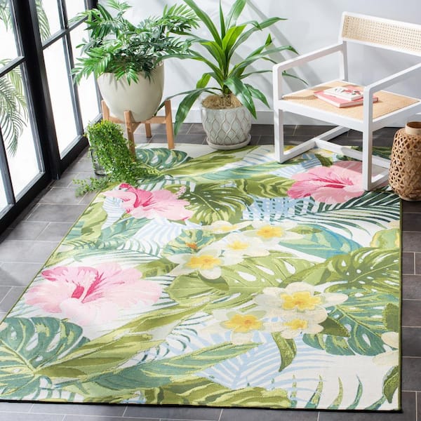 Barbados Green/Pink 8 ft. x 10 ft. Floral Indoor/Outdoor Patio  Area Patio Rug