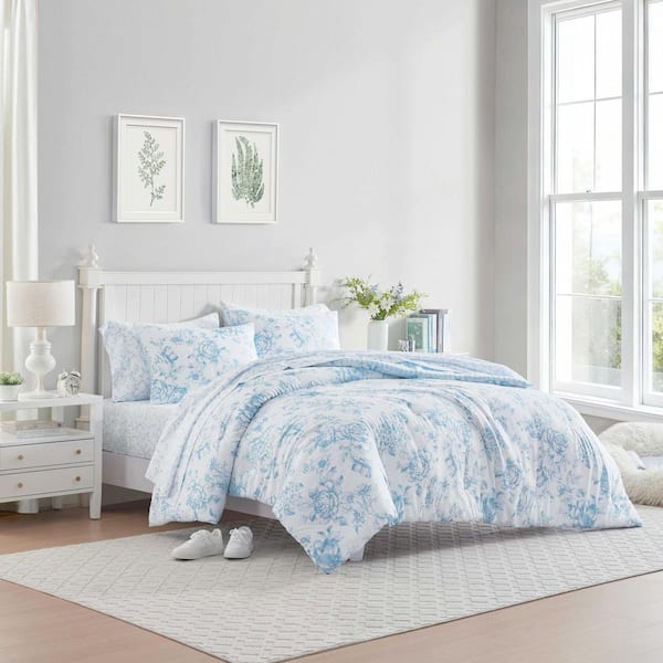 Laura Ashley Delphine 5-Piece Light Blue Microfiber Twin Bed in a
