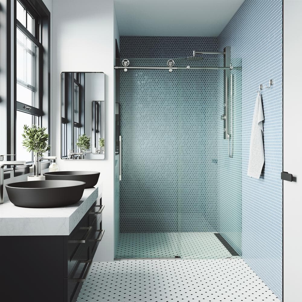 Cass 56" Frameless Sliding Shower Door with Clear Glass and Stainless Steel