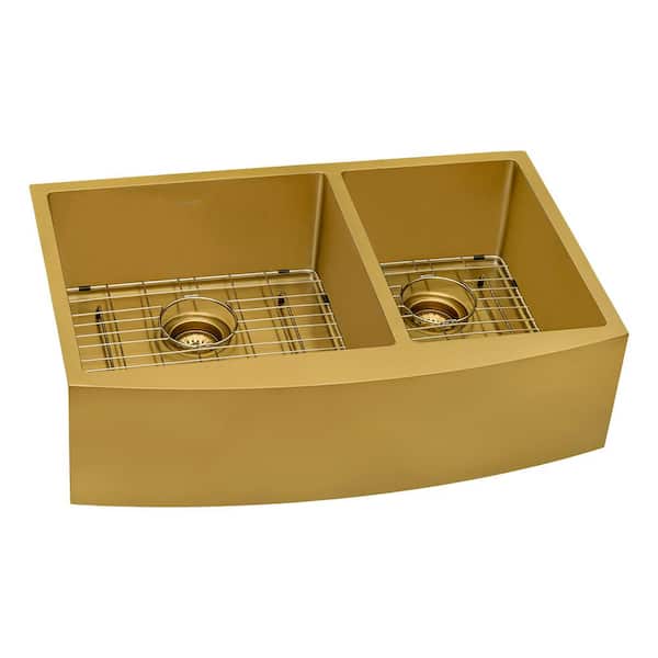 Ruvati Brass Tone Gold 16-Gauge Stainless Steel 33 in. 60/40 Double Bowl Farmhouse Apron Kitchen Sink