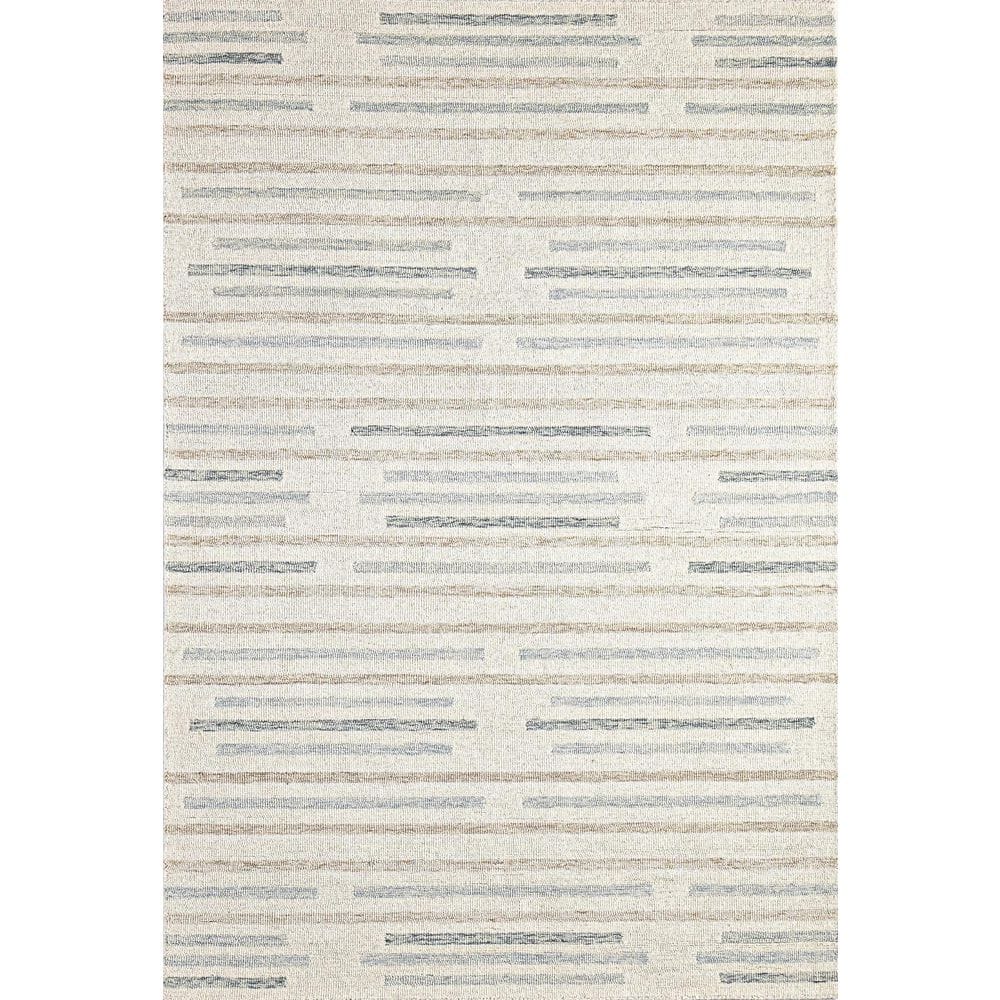 Ivory and Blue Wool Handmade Rectangular 4' x 6' Tufted Rug
