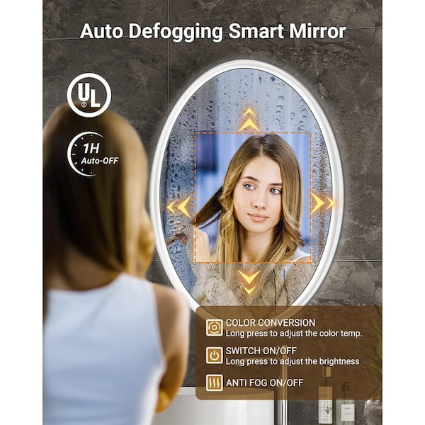 Lindia 22 in. W x 30 in. H Oval Framed Anti-Fog Lighted Wall Mount Bathroom Vanity Mirror in White
