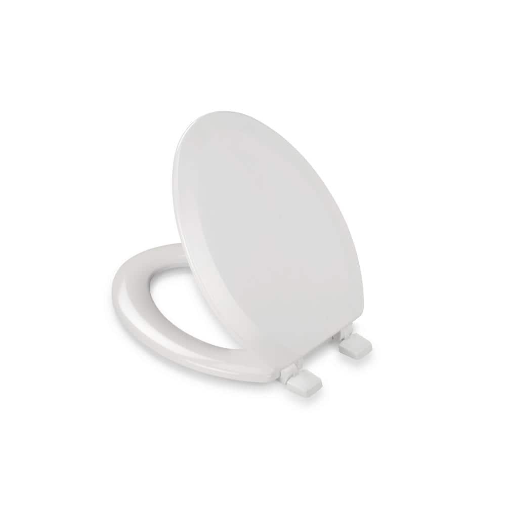 White Molded Wood Elongated Toilet Seat with Adhesive Hinges