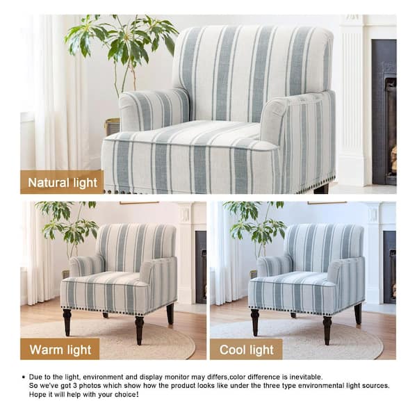 Uixe Modern Blue Striped Linen Fabric Upholstered Accent Armchair