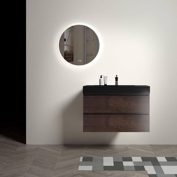 36 in. Single Sink Rose Wood Floating Bath Vanity with Black Solid Surface Top Pre-Assembled