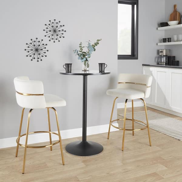Lumisource Cinch Claire 25.75 in. Cream Velvet and Gold Metal Fixed-Height Counter Stool with Round Footrest (Set of 2)