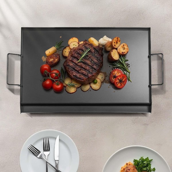 Carbon Steel Griddle (Gas Grill), 24 x 16 in. Universal Flat Top Rectangular Plate, Portable Family Cookware with Handle