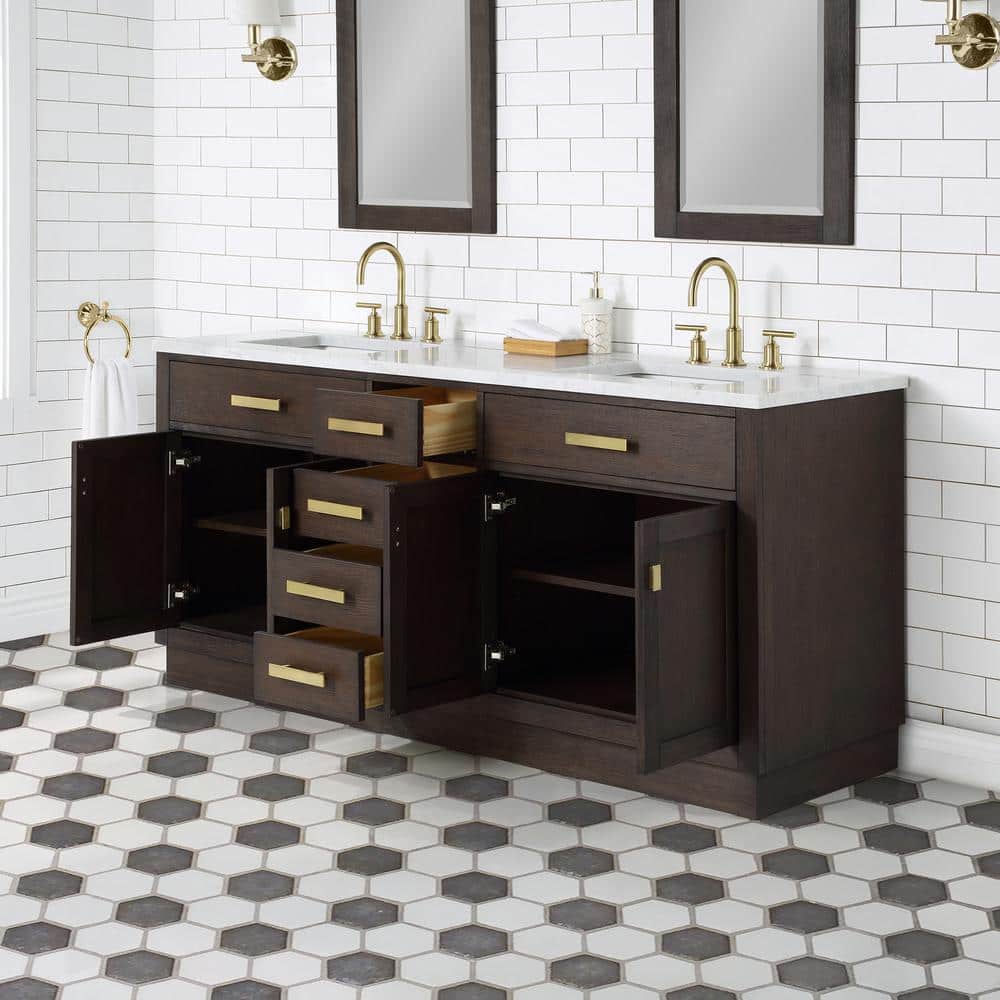 Chestnut 72" Brown Oak Double Sink Vanity with Carrara White Marble Countertop