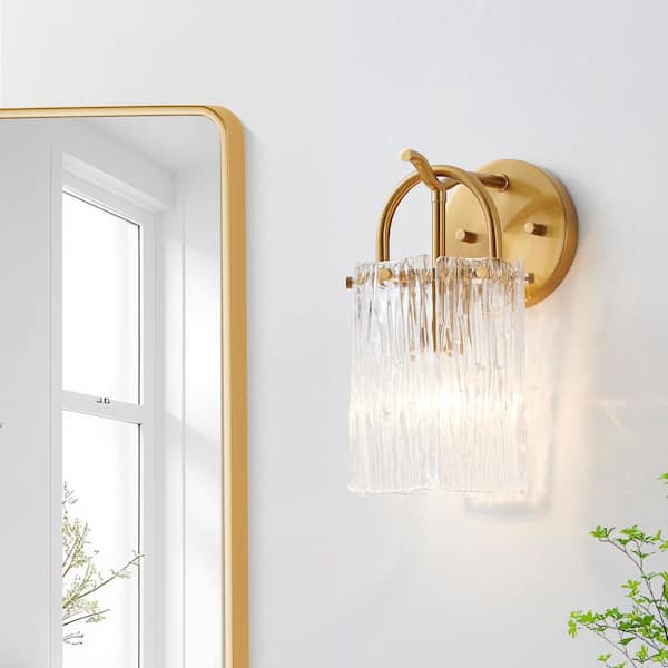 1-Light Plated Brushed Gold Wall Sconce with Textured Glass Shade