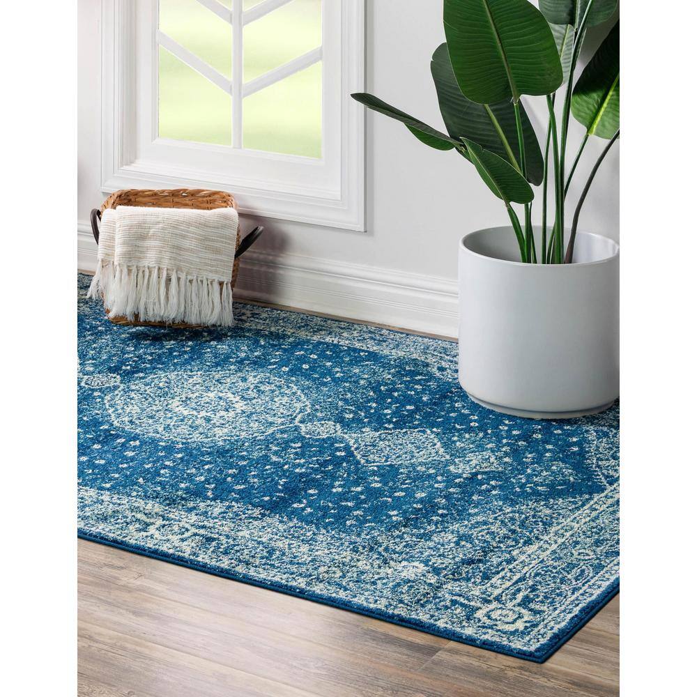 Navy Blue Medallion Synthetic 9' x 12' Rectangular Rug