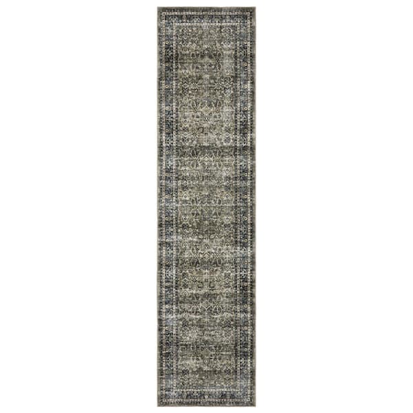 AVERLEY HOME Summit Gray/Blue 2 ft. x 8 ft. Traditional Oriental Border Polyester Machine Washable Indoor Runner Area Rug