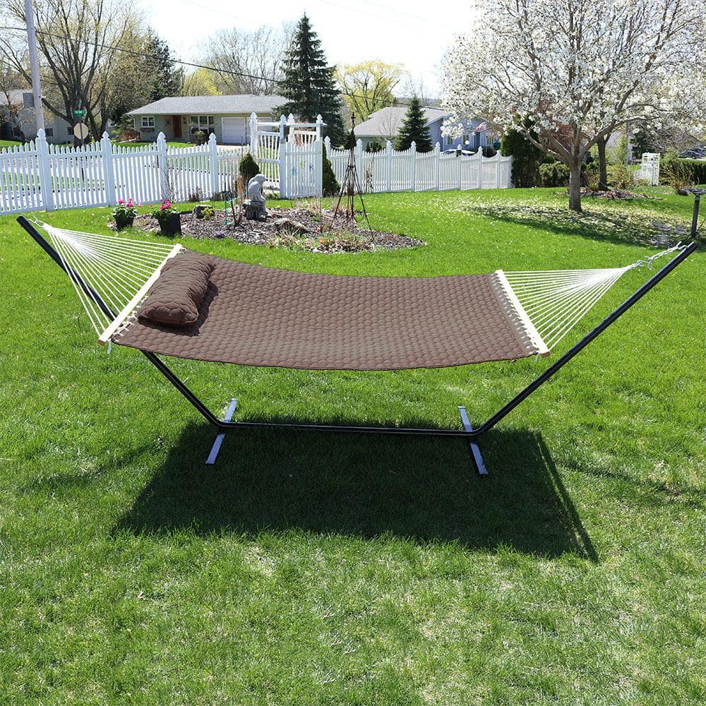 Brown Quilted Double Hammock with Stand and Pillow