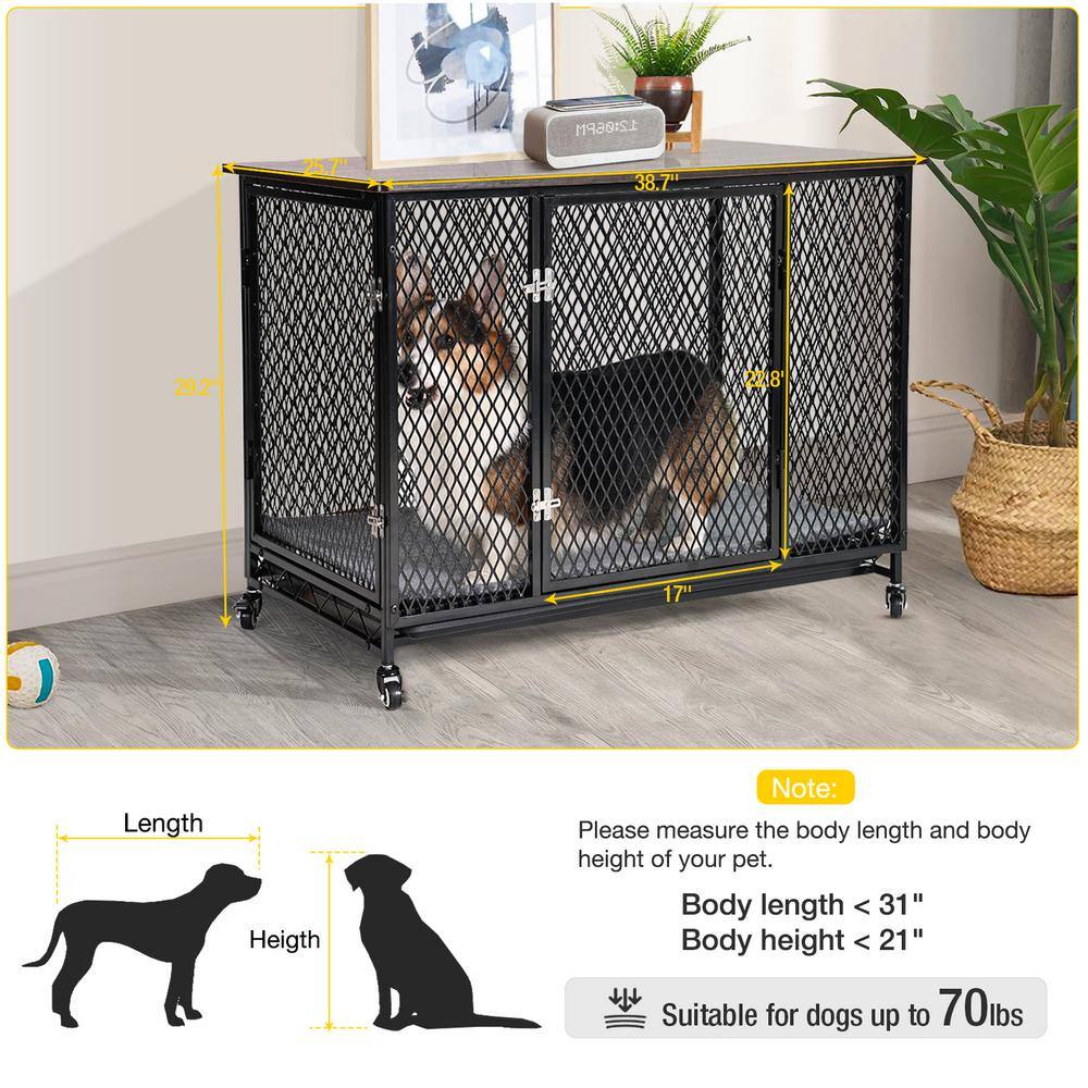 Large Black Metal Dog Crate Table with Casters