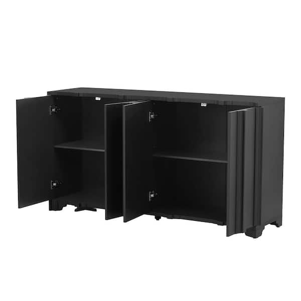 Black Wood 59.7 in. Sideboards with Intricate Linear Accents and 4-Doors