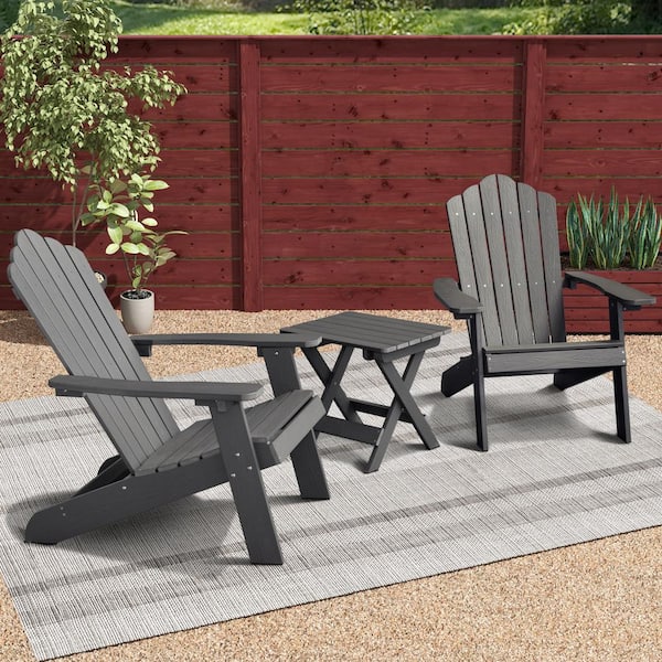 HOOOWOOO Aspen Charcoal Gray 3-Piece Recycled Plastic Outdoor Patio Conversation Adirondack Chair Set with a Side Table