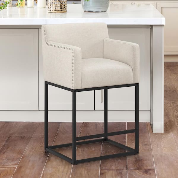 LUE BONA Luna 26 in. Linen Fabric Upholstered Counter Height Bar Stool with Black Metal Frame Square Counter Stool