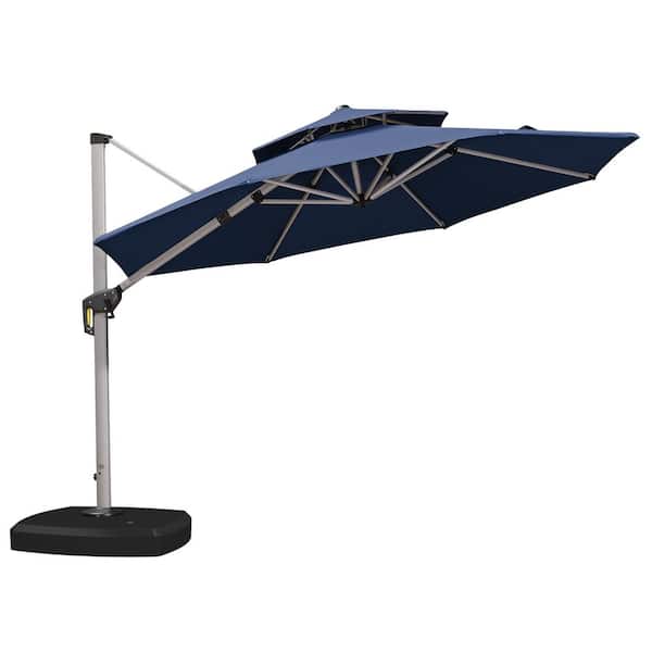 PURPLE LEAF 11 ft. Sunbrella Aluminum Octagon 360° Rotation Silvery Cantilever Patio Umbrella With Wheels Base, Navy Blue