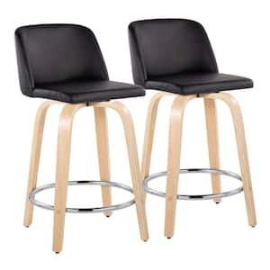 Toriano 24.25 in. Black Faux Leather, Natural Wood and Chrome Metal Fixed-Height Counter Stool (Set of 2)