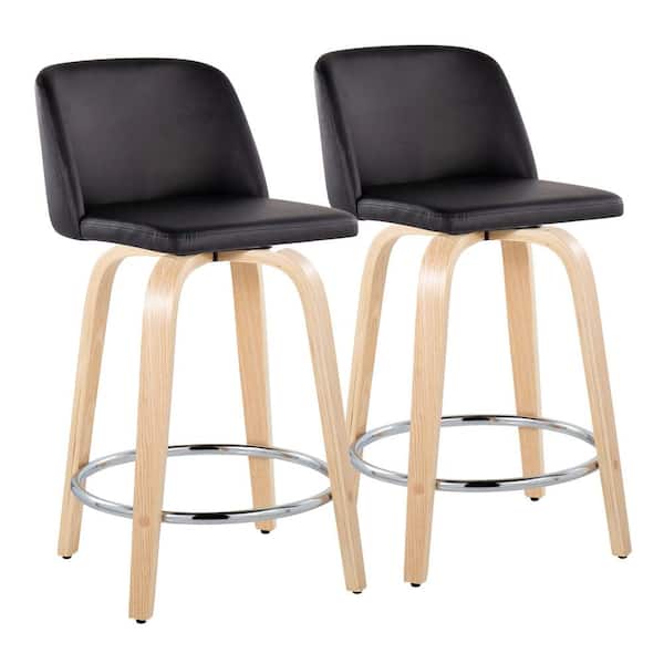 Lumisource Toriano 24.25 in. Black Faux Leather, Natural Wood and Chrome Metal Fixed-Height Counter Stool (Set of 2)