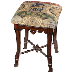 The Medieval 20 in. Walnut Backless Mahogany Short Height Mace Stool with Jacquard Upholstery Seat