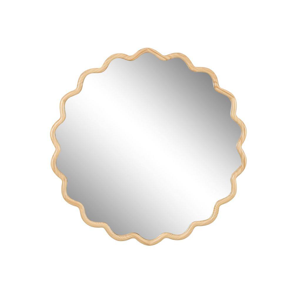 Natural 36 in. W x 36 in. H Wavy Round Solid Wood Framed Vanity Mirror Wall