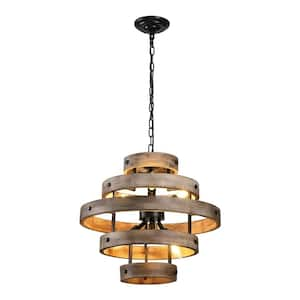 Dendy 360-Watt 6-Light Brown Pendant Light with Wood Rings Shade, No Bulbs Included