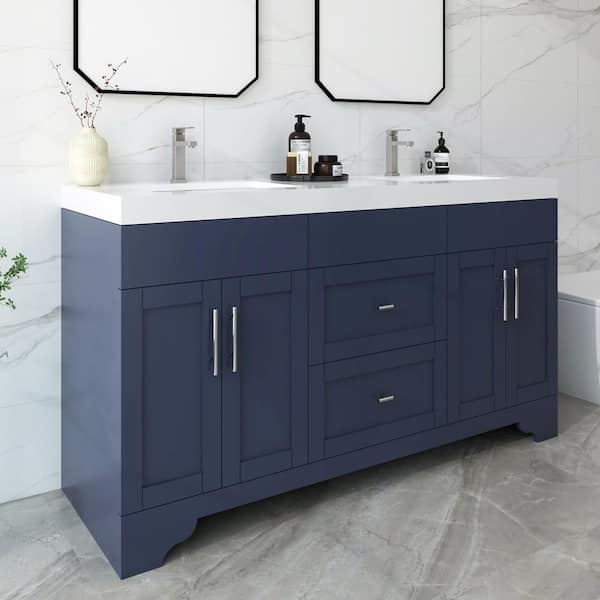 Agnea 60 in. W. x 21 in. D x 35 in. H Double Sink Freestanding Bath Vanity in Marine Blue with White Qt. Top