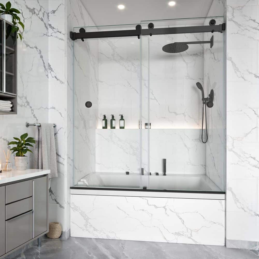 56-61 in. W x 66 in. H Double Sliding Frameless Tub Door in Matte Black with 3/8 in. Clear Tempered Glass,2-Finger Pulls price history on PriceWatchPro