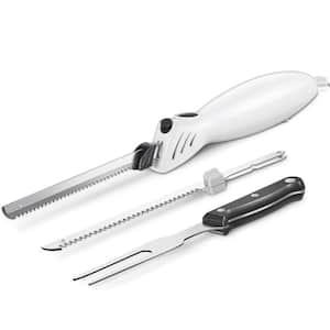 6.3 in. White Stainless Steel Electric Knife with 2 Blades and Fork for Carving Meats, Poultry and Bread