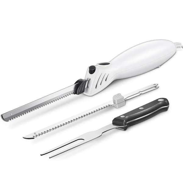 Numhew 6.3 in. White Stainless Steel Electric Knife with 2 Blades and Fork for Carving Meats, Poultry and Bread
