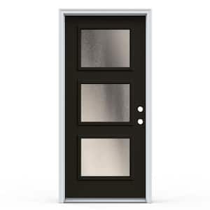 36 in. x 80 in. 3-Panel Equal Left-Hand/Inswing 3-Lite Decorative Glass Black Steel Prehung Front Door with Brickmould
