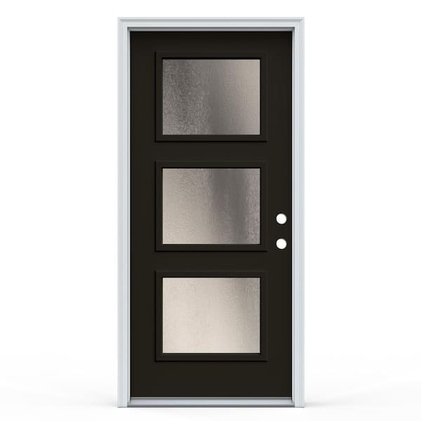 JELD-WEN 36 in. x 80 in. 3-Panel Equal Left-Hand/Inswing 3-Lite Decorative Glass Black Steel Prehung Front Door with Brickmould