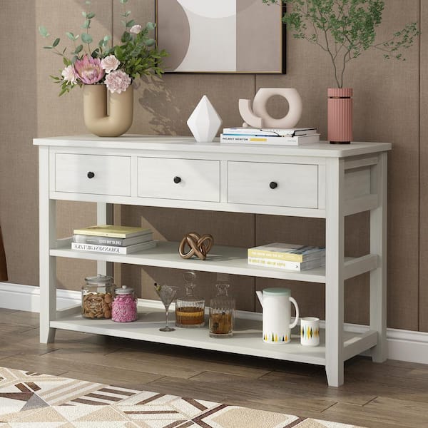 Karl home 47.25 in. White Rectangle MDF Console Table with 3-Drawers and 2 Shelves